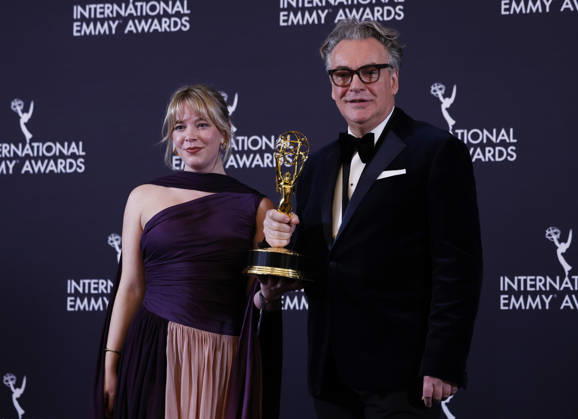 British producer Anya Wilson and British executive producer Kenton Allen arrive in the press room with the Comedy award for Ludwig at the 53rd International Emmy Awards at New York Hilton Midtown in New York City on Monday, November 24, 2025.  NYP20251124268 JohnxAngelillo
