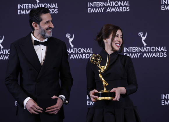 Algerian journalist Fairouz Ziani and Palestinian journalist Asef Hamidi arrive in the press room with the News award for Gaza at the 53rd International Emmy Awards at New York Hilton Midtown in New York City on Monday, November 24, 2025.  NYP20251124272 JohnxAngelillo