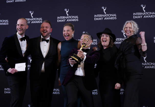 Danish producer Mette Louise Gronbjer and Swedish producer Niclas Nordenstrom arrive in the press room with the Non-Scripted Entertainment award for Shaolin Heroes at the 53rd International Emmy Awards at New York Hilton Midtown in New York City on Monday, November 24, 2025.  NYP20251124264 JohnxAngelillo