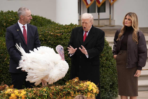 Donald Trump pardons Thanksgiving Turkeys - Washington US President Donald Trump and first lady Melania Trump participate in the Thanksgiving Turkey Pardoning of Gobble and Waddle in the Rose Garden at the White House in Washington on November 25, 2025. Photo by Yuri Gripas ABACAPRESS.COM Washington DC United States  Copyright: xGripasxYuri ABACAx