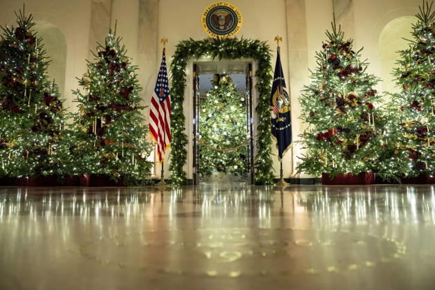 The 2025 White House Christmas Tree is seen through the Cross Hall of the White House during a media preview of the 2025 holiday decorations in Washington, DC on Monday, December 1, 2025. The theme for this year s White House holiday decorations is Home Is Where the Heart is.  WAP20251201327 BONNIExCASH