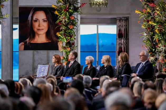 Nobels fredspris 2025 Oslo 20251210. Et bilde av Nobels fredsprismottaker Maria Corina Machado under utdelingen av Nobels fredspris i Oslo radhus. Den venezuelanske opposisjonslederen Maria Corina Machado far prisen for sitt utrettelige arbeid for a sikre demokratiske rettigheter for folket i Venezuela, og for sin kamp for en rettferdig og fredelig overgang fra diktatur til folkestyre. Pa grunn av omstendighetene i hjemlandet Venezuela kunne ikke Nobels fredsprismottaker delta pa utdelingen i Norge. Foto: Ole Berg-Rusten NTB POOL Oslo Norge 7cpY0J0vgRY EDITORIAL USE ONLY Ref:_BNC7cpY0J0vgRY.jpg Copyright: xOlexBerg-Rustenx xNTBx