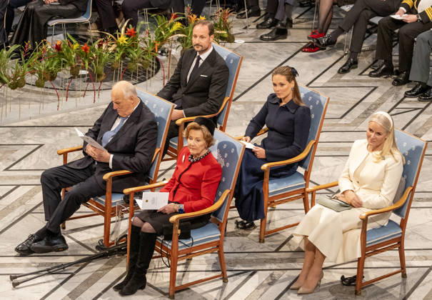 10-12-2025 Norway Princess Mette-Marit and Princess Ingrid Alexandra and Prince Haakon and King Harald and Queen Sonja with Ana Corina Sosa, daughter of Nobel Peace Prize Laureates Maria Corina Machado, at the awarding of the Nobel Peace Prize to Maria Corina Machado from Venezuela in the city hall in Olso. Due to the circumstances in her home country of Venezuela, Maria Corina Machado was unable to attend the award ceremony in Norway. Â  Copyright: xPPEx