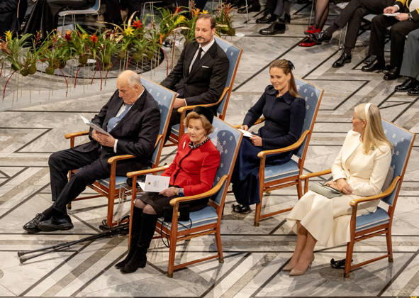 10-12-2025 Norway Princess Mette-Marit and Princess Ingrid Alexandra and Prince Haakon and King Harald and Queen Sonja with Ana Corina Sosa, daughter of Nobel Peace Prize Laureates Maria Corina Machado, at the awarding of the Nobel Peace Prize to Maria Corina Machado from Venezuela in the city hall in Olso. Due to the circumstances in her home country of Venezuela, Maria Corina Machado was unable to attend the award ceremony in Norway. Â  Copyright: xPPEx