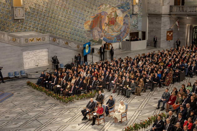 10-12-2025 Norway Princess Mette-Marit and Princess Ingrid Alexandra and Prince Haakon and King Harald and Queen Sonja with Ana Corina Sosa, daughter of Nobel Peace Prize Laureates Maria Corina Machado, at the awarding of the Nobel Peace Prize to Maria Corina Machado from Venezuela in the city hall in Olso. Due to the circumstances in her home country of Venezuela, Maria Corina Machado was unable to attend the award ceremony in Norway. Â  Copyright: xPPEx
