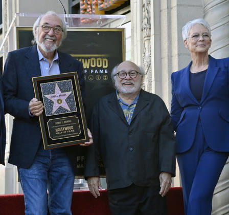 Director, producer and screenwriter James L. Brooks (L) is joined by Danny Devito (C) and Jamie Lee Curtis during an unveiling ceremony honoring him with the 2,830th star on the Hollywood Walk of Fame in Los Angeles on Thursday December 11, 2025.  LAP2025121121 JIMxRUYMEN