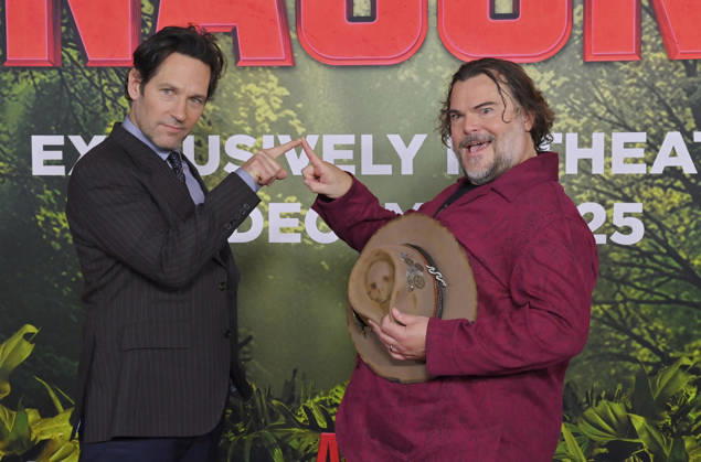 Cast members Paul Rudd (L) and Jack Black attend the world premiere of the motion picture horror comedy Anaconda at the United Theater in Los Angeles on Saturday, December 13, 2025. Storyline: A group of friends are going through a mid-life crisis. They decide to remake a favorite movie from their youth but encounter unexpected events when they enter the jungle.  LAP2025121381 JIMxRUYMEN