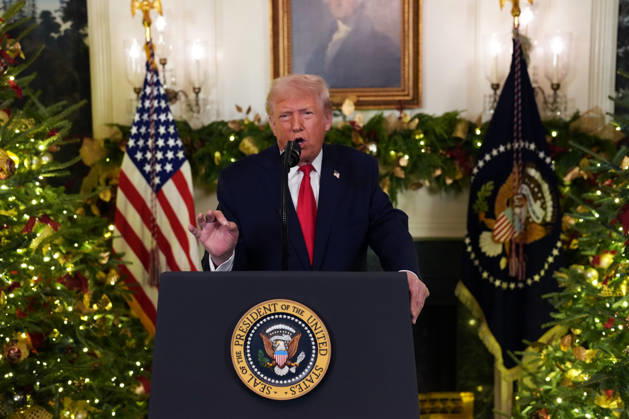 President Donald Trump delivers an address to the nation from the Diplomatic Room of the White House in Washington DC on Wednesday, December 17, 2025. The remarks will highlight the administration™s actions during the past year and outline priorities for 2026, according to the White House. Pool  WAX20251217619 DougxMills ThexNewxYorkxTimes