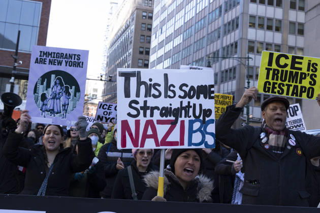 January 8, 2026, New York, New York, USA: Anti-ICE demonstrators march through Lower Manhattan from Foley Square to One World Trade Center to protest outside of Department of Homeland Security Secretary K. Noem s press conference. Protesters hold signs that read This Is some Straight Up NAZI BS IMMIGRANTS ARE NEW YORK! ICE is TRUMP S GESTAPO. Noem s New York City appearance occurs the day following the shooting and killing of R. Good, a legal observer in Minneapolis by an ICE agent. Hands Off New York City and coalition members demonstrate in solidarity with people in Minneapolis and across the country who are standing up to ICE. New York USA - ZUMAr174 20260108_znp_r174_040 Copyright: xGinaxMxRandazzox
