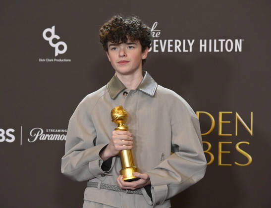 Owen Cooper appears backstage after winning the award for Best Performance by a Male Actor in a Supporting Role on Television award for Adolescence during the 83rd annual Golden Globe Awards at the Beverly Hilton in Beverly Hills, California on Sunday, January 11, 2026.  LAP20260111201 JIMxRUYMEN