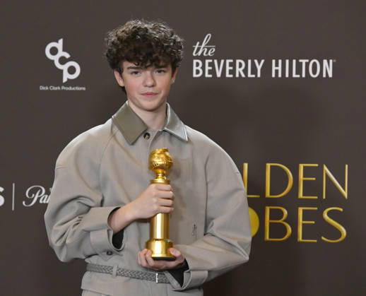 Owen Cooper appears backstage after winning the award for Best Performance by a Male Actor in a Supporting Role on Television award for Adolescence during the 83rd annual Golden Globe Awards at the Beverly Hilton in Beverly Hills, California on Sunday, January 11, 2026.  LAP20260111202 JIMxRUYMEN