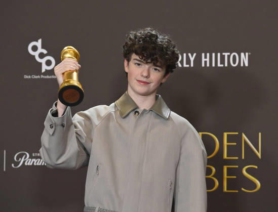 Owen Cooper appears backstage after winning the award for Best Performance by a Male Actor in a Supporting Role on Television award for Adolescence during the 83rd annual Golden Globe Awards at the Beverly Hilton in Beverly Hills, California on Sunday, January 11, 2026.  LAP20260111203 JIMxRUYMEN