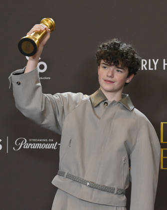 Owen Cooper appears backstage after winning the award for Best Performance by a Male Actor in a Supporting Role on Television award for Adolescence during the 83rd annual Golden Globe Awards at the Beverly Hilton in Beverly Hills, California on Sunday, January 11, 2026.  LAP20260111205 JIMxRUYMEN