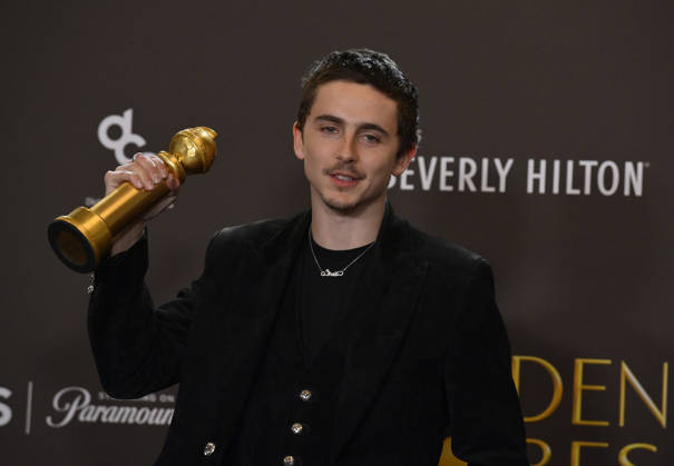 TimothÃ e Chalamet appears backstage after winning the award for Best Performance by a Male Actor in a Motion Picture Musical or Comedy award for Marty Supreme during the 83rd annual Golden Globe Awards at the Beverly Hilton in Beverly Hills, California on Sunday, January 11, 2026.  LAP2026011235 JIMxRUYMEN