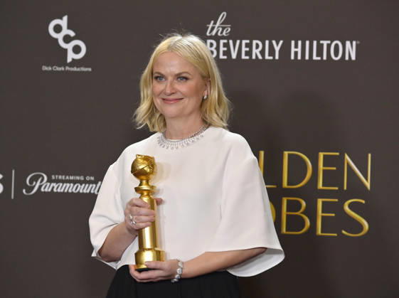 Amy Poehler appears backstage after winning the award for Best Podcast award for Good Hang with Amy Poehler during the 83rd annual Golden Globe Awards at the Beverly Hilton in Beverly Hills, California on Sunday, January 11, 2026.  LAP2026011227 JIMxRUYMEN