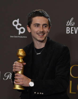 TimothÃ e Chalamet appears backstage after winning the award for Best Performance by a Male Actor in a Motion Picture Musical or Comedy award for Marty Supreme during the 83rd annual Golden Globe Awards at the Beverly Hilton in Beverly Hills, California on Sunday, January 11, 2026.  LAP2026011232 JIMxRUYMEN