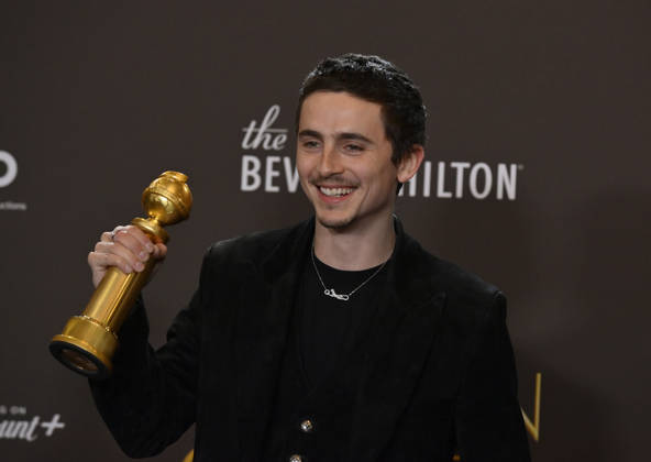 TimothÃ e Chalamet appears backstage after winning the award for Best Performance by a Male Actor in a Motion Picture Musical or Comedy award for Marty Supreme during the 83rd annual Golden Globe Awards at the Beverly Hilton in Beverly Hills, California on Sunday, January 11, 2026.  LAP2026011234 JIMxRUYMEN