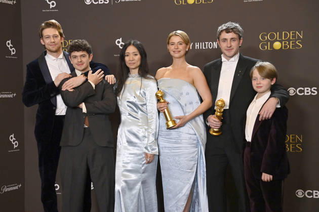 Joe Alwyn, Noah Jupe, ChloÃ Zhao, Jessie Buckley, Paul Mescal and Jacobi Jupe appears backstage after winning the award for Best Motion Picture - Drama Award for Hamnet during the 83rd annual Golden Globe Awards at the Beverly Hilton in Beverly Hills, California on Sunday, January 11, 2026.  LAP2026011252 JIMxRUYMEN