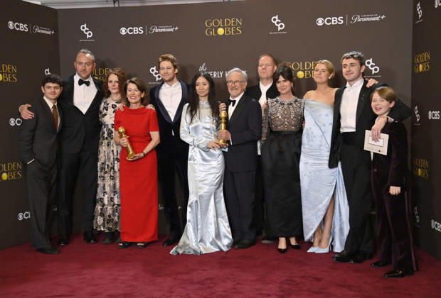 Noah Jupe, Nicolas Gonda, Maggie O Farrell, Pippa Harris, Joe Alwyn, Chloà Zhao, Steven Spielberg, Max Richter, Liza Marshall, Jessie Buckley, Paul Mescal and Jacobi Jupe appear backstage after winning the award for Best Motion Picture - Drama Award for Hamnet during the 83rd annual Golden Globe Awards at the Beverly Hilton in Beverly Hills, California on Sunday, January 11, 2026. LAP2026011255 JIMxRUYMEN