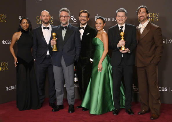Frida Perez, Evan Goldberg, Seth Rogen, Peter Huyck, Chase Sui Wonders, Alex Gregory and James Weaver appear backstage after winning the award for Best Television Series - Musical or Comedy award for The Studio during the 83rd annual Golden Globe Awards at the Beverly Hilton in Beverly Hills, California on Sunday, January 11, 2026.  LAP20260111240 JIMxRUYMEN