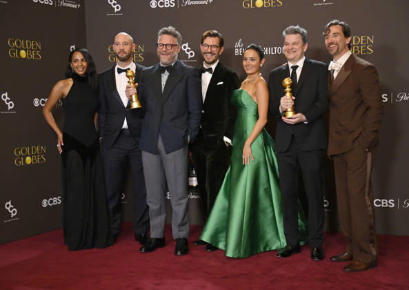 Frida Perez, Evan Goldberg, Seth Rogen, Peter Huyck, Chase Sui Wonders, Alex Gregory and James Weaver appear backstage after winning the award for Best Television Series - Musical or Comedy award for The Studio during the 83rd annual Golden Globe Awards at the Beverly Hilton in Beverly Hills, California on Sunday, January 11, 2026.  LAP20260111270 JIMxRUYMEN