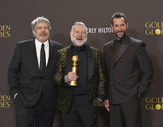 John Wells, R. Scott Gemmill, and Noah Wyle appear backstage after winning the award for Best Television Series - Drama award for The Pitt during the 83rd annual Golden Globe Awards at the Beverly Hilton in Beverly Hills, California on Sunday, January 11, 2026.  LAP20260111273 JIMxRUYMEN