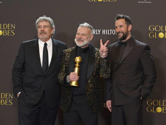 John Wells, R. Scott Gemmill, and Noah Wyle appear backstage after winning the award for Best Television Series - Drama award for The Pitt during the 83rd annual Golden Globe Awards at the Beverly Hilton in Beverly Hills, California on Sunday, January 11, 2026.  LAP20260111277 JIMxRUYMEN