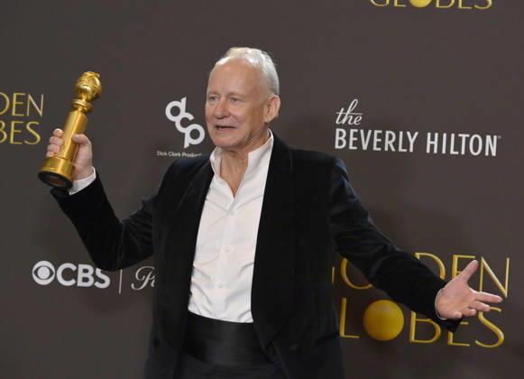 Stellan Skarsgard appears backstage after winning the award for Best Performance by a Male Actor in a Supporting Role in any Motion Picture award for Sentimental Value during the 83rd annual Golden Globe Awards at the Beverly Hilton in Beverly Hills, California on Sunday, January 11, 2026.  LAP20260111282 JIMxRUYMEN