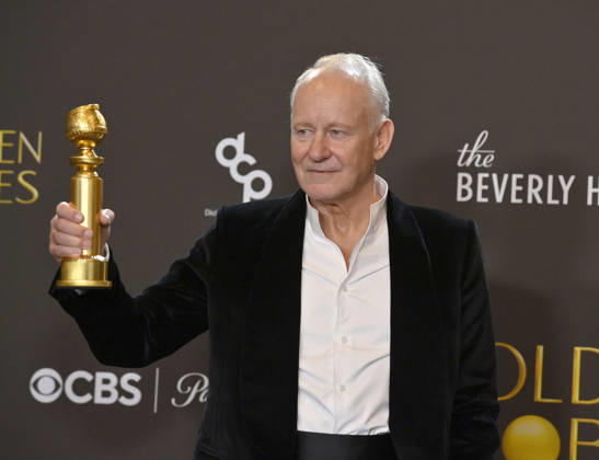 Stellan Skarsgard appears backstage after winning the award for Best Performance by a Male Actor in a Supporting Role in any Motion Picture award for Sentimental Value during the 83rd annual Golden Globe Awards at the Beverly Hilton in Beverly Hills, California on Sunday, January 11, 2026.  LAP20260111289 JIMxRUYMEN