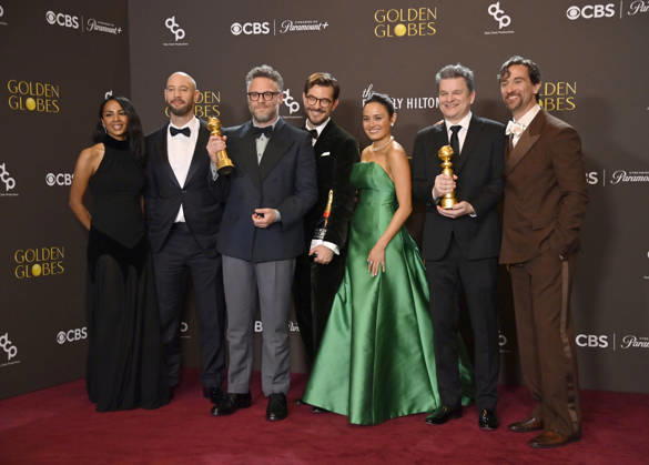 Frida Perez, Evan Goldberg, Seth Rogen, Peter Huyck, Chase Sui Wonders, Alex Gregory and James Weaver appear backstage after winning the award for Best Television Series - Musical or Comedy award for The Studio during the 83rd annual Golden Globe Awards at the Beverly Hilton in Beverly Hills, California on Sunday, January 11, 2026.  LAP20260111s278 JIMxRUYMEN