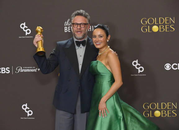 Seth Rogen and Chase Sui Wonders appear backstage after winning the award for Best Television Series - Musical or Comedy award for The Studio during the 83rd annual Golden Globe Awards at the Beverly Hilton in Beverly Hills, California on Sunday, January 11, 2026.  LAP20260111290 JIMxRUYMEN