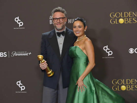 Seth Rogen and Chase Sui Wonders appear backstage after winning the award for Best Television Series - Musical or Comedy award for The Studio during the 83rd annual Golden Globe Awards at the Beverly Hilton in Beverly Hills, California on Sunday, January 11, 2026.  LAP20260111292 JIMxRUYMEN