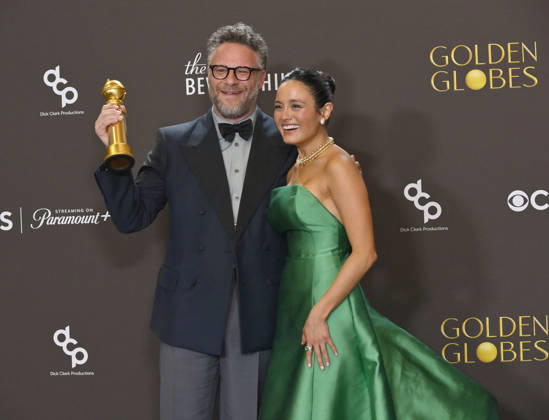 Seth Rogen and Chase Sui Wonders appear backstage after winning the award for Best Television Series - Musical or Comedy award for The Studio during the 83rd annual Golden Globe Awards at the Beverly Hilton in Beverly Hills, California on Sunday, January 11, 2026.  LAP20260111293 JIMxRUYMEN
