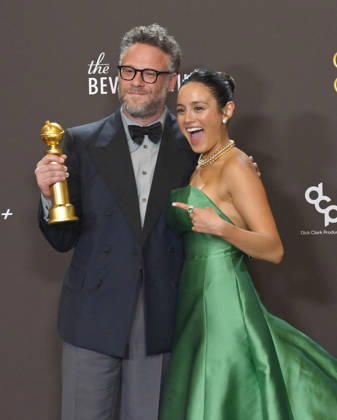Seth Rogen and Chase Sui Wonders appear backstage after winning the award for Best Television Series - Musical or Comedy award for The Studio during the 83rd annual Golden Globe Awards at the Beverly Hilton in Beverly Hills, California on Sunday, January 11, 2026.  LAP20260111294 JIMxRUYMEN