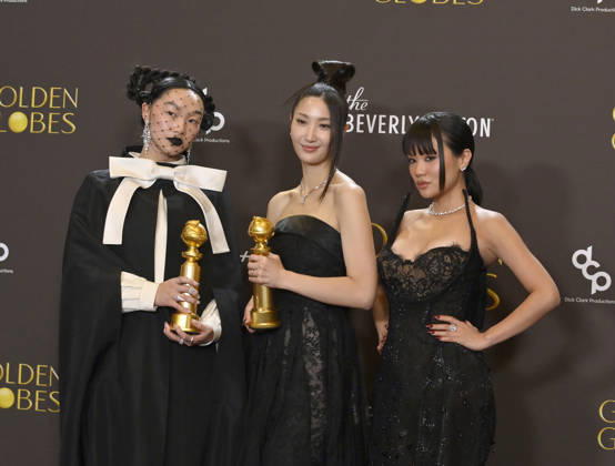 Audrey Nuna, EJAE, and Rei Ami appear backstage after winning the award for Best Original Song - Motion Picture award for Golden from KPop Demon Hunters during the 83rd annual Golden Globe Awards at the Beverly Hilton in Beverly Hills, California on Sunday, January 11, 2026.  LAP20260111296 JIMxRUYMEN
