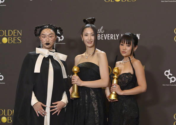 Audrey Nuna, EJAE, and Rei Ami appear backstage after winning the award for Best Original Song - Motion Picture award for Golden from KPop Demon Hunters during the 83rd annual Golden Globe Awards at the Beverly Hilton in Beverly Hills, California on Sunday, January 11, 2026.  LAP20260111299 JIMxRUYMEN