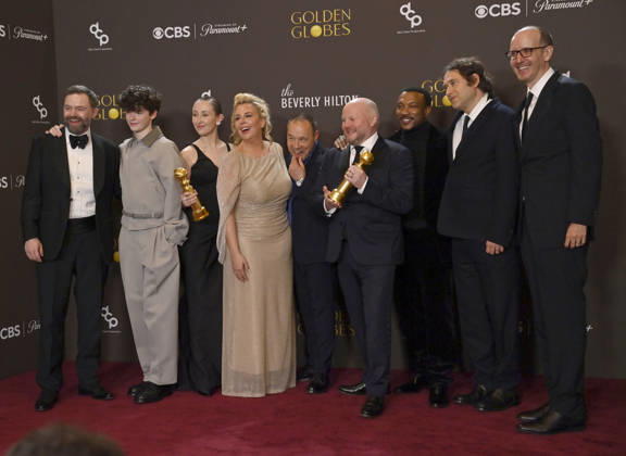 Philip Barantini, Owen Cooper, Erin Doherty, Hannah Walters, Stephen Graham, Mark Herbert, Ashley Walters, Jeremy Kleiner, and Jack Thorne appear backstage after winning the award for Best Television Limited Series, Anthology Series, or Motion Picture Made for Television Award for Adolescence during the 83rd annual Golden Globe Awards at the Beverly Hilton in Beverly Hills, California on Sunday, January 11, 2026. LAP20260111708 JIMxRUYMEN