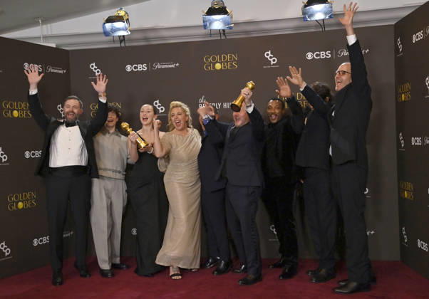 Philip Barantini, Owen Cooper, Erin Doherty, Hannah Walters, Stephen Graham, Mark Herbert, Ashley Walters, Jeremy Kleiner, and Jack Thorne appear backstage after winning the award for Best Television Limited Series, Anthology Series, or Motion Picture Made for Television Award for Adolescence during the 83rd annual Golden Globe Awards at the Beverly Hilton in Beverly Hills, California on Sunday, January 11, 2026. LAP20260111709 JIMxRUYMEN