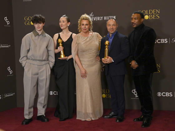 Owen Cooper, Erin Doherty, Hannah Walters, Stephen Graham and Ashley Walters appear backstage after winning the award for Best Television Limited Series, Anthology Series, or Motion Picture Made for Television Award for Adolescence during the 83rd annual Golden Globe Awards at the Beverly Hilton in Beverly Hills, California on Sunday, January 11, 2026.  LAP20260111710 JIMxRUYMEN