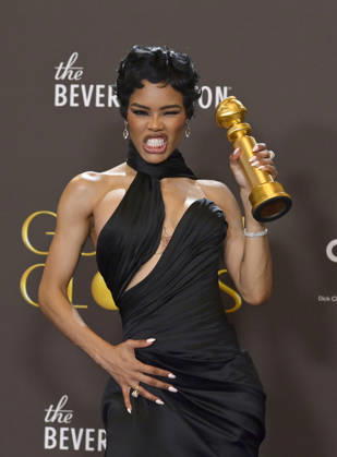 Teyana Taylor appears backstage after winning the award for Best Performance by a Female Actor in a Supporting Role in any Motion Picture award for One Battle After Another during the 83rd annual Golden Globe Awards at the Beverly Hilton in Beverly Hills, California on Sunday, January 11, 2026.  LAP202601112230 JIMxRUYMEN