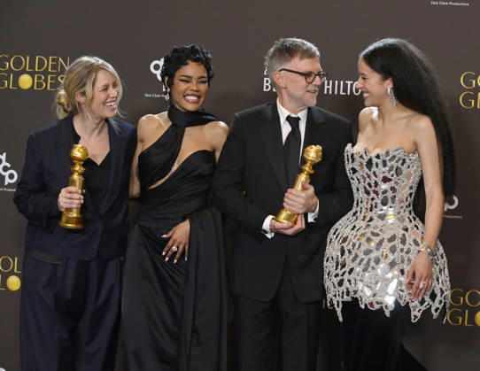 Sara Murphy, Teyana Taylor, Paul Thomas Anderson, and Chase Infiniti appear backstage after winning the award for Best Motion Picture - Musical or Comedy award for One Battle After Another during the 83rd annual Golden Globe Awards at the Beverly Hilton in Beverly Hills, California on Sunday, January 11, 2026.  LAP20260111716 JIMxRUYMEN
