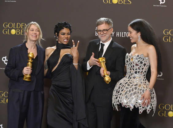 Sara Murphy, Teyana Taylor, Paul Thomas Anderson, and Chase Infiniti appear backstage after winning the award for Best Motion Picture - Musical or Comedy award for One Battle After Another during the 83rd annual Golden Globe Awards at the Beverly Hilton in Beverly Hills, California on Sunday, January 11, 2026.  LAP20260111718 JIMxRUYMEN