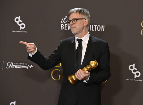 Paul Thomas Anderson appears backstage after winning the award for Best Screenplay - Motion Picture awards for One Battle After Another during the 83rd annual Golden Globe Awards at the Beverly Hilton in Beverly Hills, California on Sunday, January 11, 2026.  LAP20260111721 JIMxRUYMEN