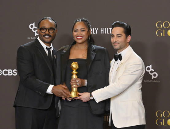 Ryan Coogler, Zinzi Coogler, and Sev Ohanian appear backstage after winning the award for Cinematic and Box Office Achievement award for Sinners during the 83rd annual Golden Globe Awards at the Beverly Hilton in Beverly Hills, California on Sunday, January 11, 2026.  LAP20260111723 JIMxRUYMEN