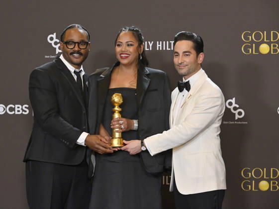 Ryan Coogler, Zinzi Coogler, and Sev Ohanian appear backstage after winning the award for Cinematic and Box Office Achievement award for Sinners during the 83rd annual Golden Globe Awards at the Beverly Hilton in Beverly Hills, California on Sunday, January 11, 2026.  LAP20260111724 JIMxRUYMEN