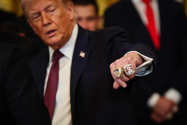 DC: President Trump honors the 2025 Stanley Cup Champions the Florida Panthers U.S. President Donald Trump shows off the 2025 and 2024 Stanley Cup Championship rings presented to him during an event honoring the 2025 Stanley Cup Champions, The Florida Panthers, in the East Room of the White House on January 15, 2026 in Washington, D.C. (Photo by Samuel Corum Pool ABACAPRESS.COM) Washington DC United States  Copyright: xPool ABACAx