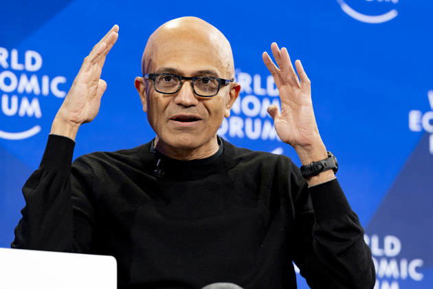 Satya Nadella at World Economic Forum in Davos Conversation with Satya Nadella, CEO of Microsoft session with Laurence Fink, Chair and CEO, BlackRock; Interim Co-Chair, World Economic Forum, BlackRock, USA; Satya Nadella; at the World Economic Forum Annual Meeting 2026 in Davos-Klosters, Switzerland, on 20 1 2026, Credit:World Economic Forum Avalon Davos-Klosters, Switzerland Copyright: xWorldxEconomicxForumx xAvalonx 1067626226