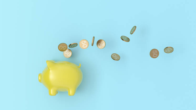 Yellow piggy bank and coins in 3D rendering on blue background, UWF02429