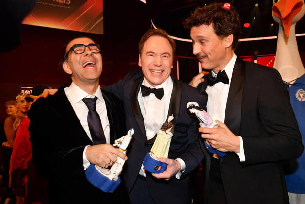 Award winners Fatih AkÄ±n, Michael Herbig and Florian David Fitz pose on stage at the Bavarian Film Awards 2026 at Prinzregententheater on January 23, 2026 in Munich, Germany 47th Bavarian Film Awards Bayerischer Filmpreis in Munich, Germany