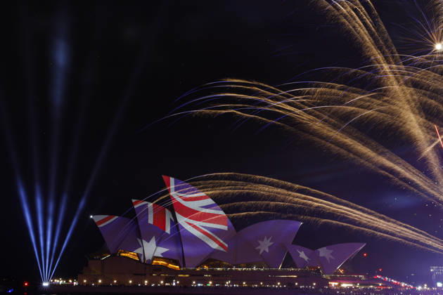 January 26, 2026, Sydney, New South Wales State, Australia: The national flag of Australia is projected onto the sails of the Sydney Opera House during Australia Day celebrations. The Sydney Opera House sails are illuminated with a special light-up as part of the Australia Day 2026 celebrations in Sydney, alongside a spectacular fireworks display. Australia Day, celebrated annually on January 26, marks the arrival of the First Fleet in 1788. Indigenous Australians refer to the day as Invasion Day, with ongoing discussions about changing the date to a day that can be celebrated by all Australians. Sydney Australia - ZUMAs197 20260126_aaa_s197_238 Copyright: xYexMyoxKhantx
